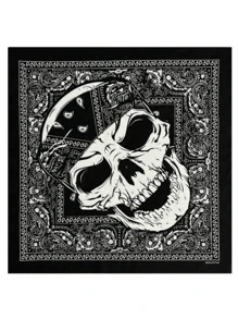 1 Stück einfarbiges Bandana - Totenkopf & Vintage Muster Quadratischer Schal, Schwarz & Weiß, Maschinenwaschbar, Unisex, geeignet für Motorradfahren, Outdoor, Modeaccessoire, Motorradteile, Schickes Accessoire, exquisites Musterdesign