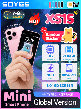 SOYES XS15 Pink 3G Network Mini Smartphone, Equipped With Mobile Phone Stickers, 3.0-Inch HD Display, 2GB RAM + 16GB ROM, Dual SIM Dual Standby, Support Play Store, Etc. A Good Gift For Children. Small And Portable Pocket Phone, Enjoy Music, TV And Games.