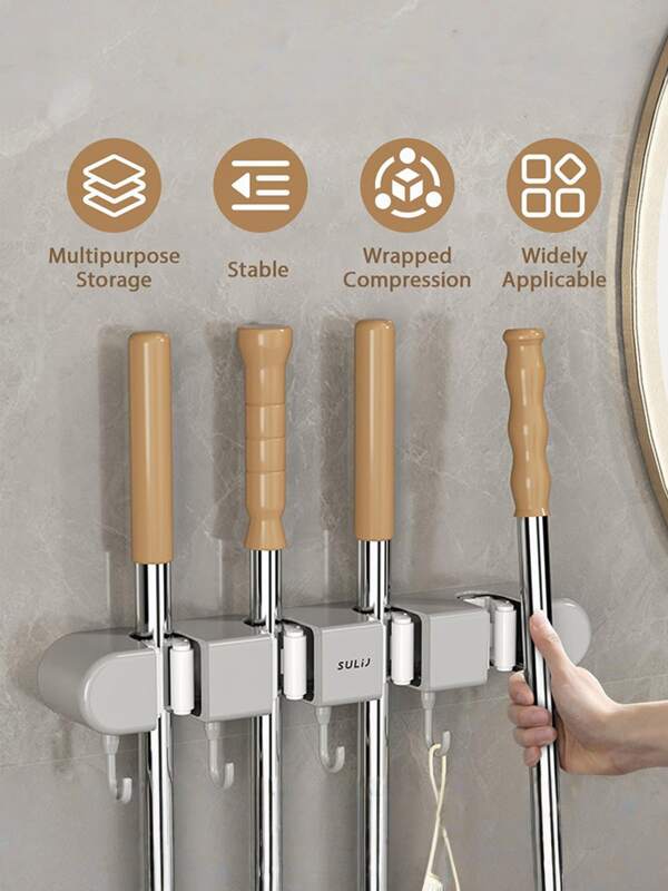 1 pièce Organisateur de balai en ABS, crochet de rangement multifonctionnel pour balai et balayette - support adhésif mural sans perçage avec installation facile, support organisateur d'outils de nettoyage ménager, pour salle de bain, cuisine, jardin, toilettes, outils multifonctions, accessoires de nettoyage, gadgets ménagers