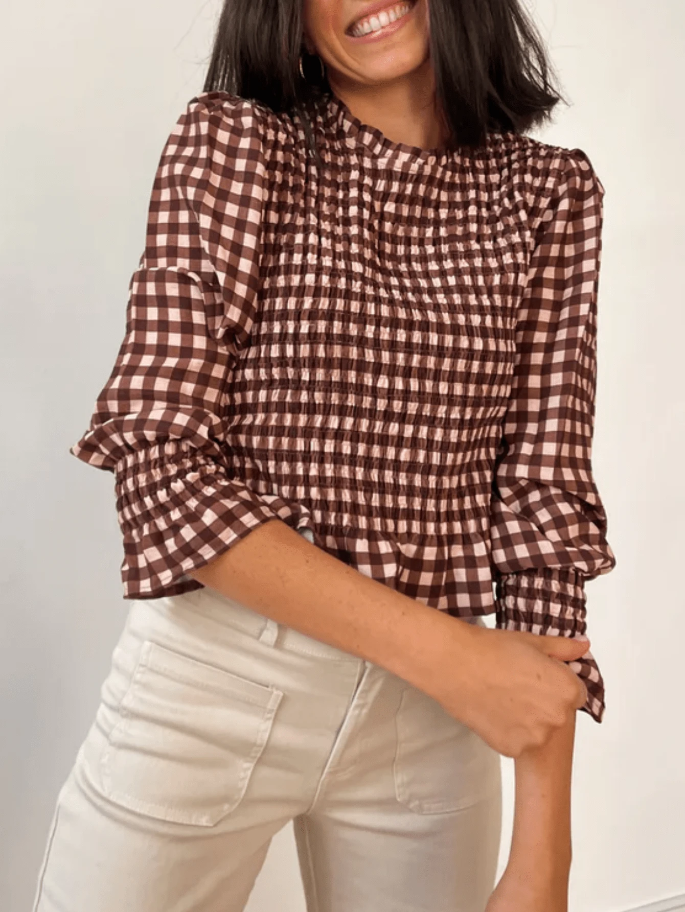 Women Y2K Plaid Smocked Shirt Top Blouse Puff Sleeve Crewneck Pleated Ruffle Hem Gingham Bubble Tee Shirts Crop Tops Summer Ruched Shirts Cute Going Out Tops Party Club Streetwear - 咖啡棕 - 查看 1