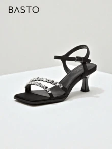 BASTO Rhinestone Decorated Strap Stilettos, Elegant Basic Style Ladies Sandals, Suitable For Dates, Parties, Weddings, Valentine's Day In Summer - Black - View 1