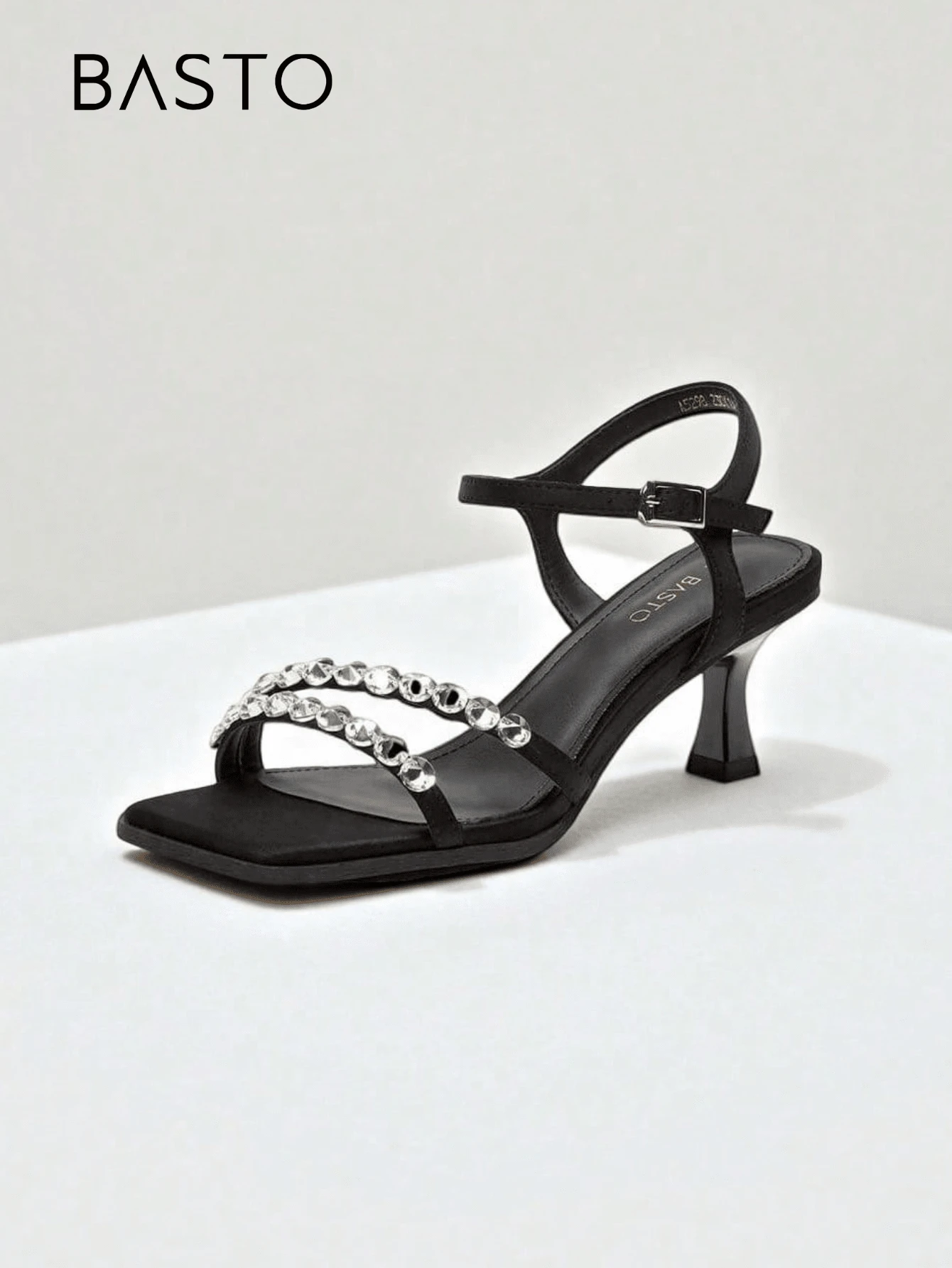 BASTO Rhinestone Decorated Strap Stilettos, Elegant Basic Style Ladies Sandals, Suitable For Dates, Parties, Weddings, Valentine's Day In Summer - Black - View 1