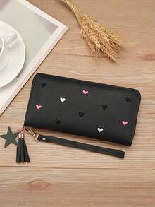 1pc Women's Fringe Cute Coin Zipper Credit Card Holder Fashionable And Simple Heart Embroidery Wallet Gift Gift Present Heart (Heart Pattern Random) For Women Wallet Purse Wallet Long Wallet Wristlet Wallet - Black - View 4