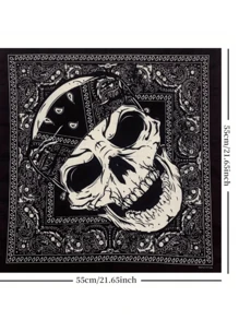 1 Stück einfarbiges Bandana - Totenkopf & Vintage Muster Quadratischer Schal, Schwarz & Weiß, Maschinenwaschbar, Unisex, geeignet für Motorradfahren, Outdoor, Modeaccessoire, Motorradteile, Schickes Accessoire, exquisites Musterdesign