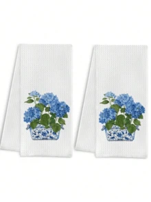 2 Pcs Blue And White Porcelain Chinoiserie Kitchen Towels, 16x24 Inch, Set Of 2, Hydrangea Floral Dish Towels Tea Towels For Kitchen, Chinoiserie Decor Hand Towels For Bathroom, Grand Millenial Decor - 藍白4 - 查看 1