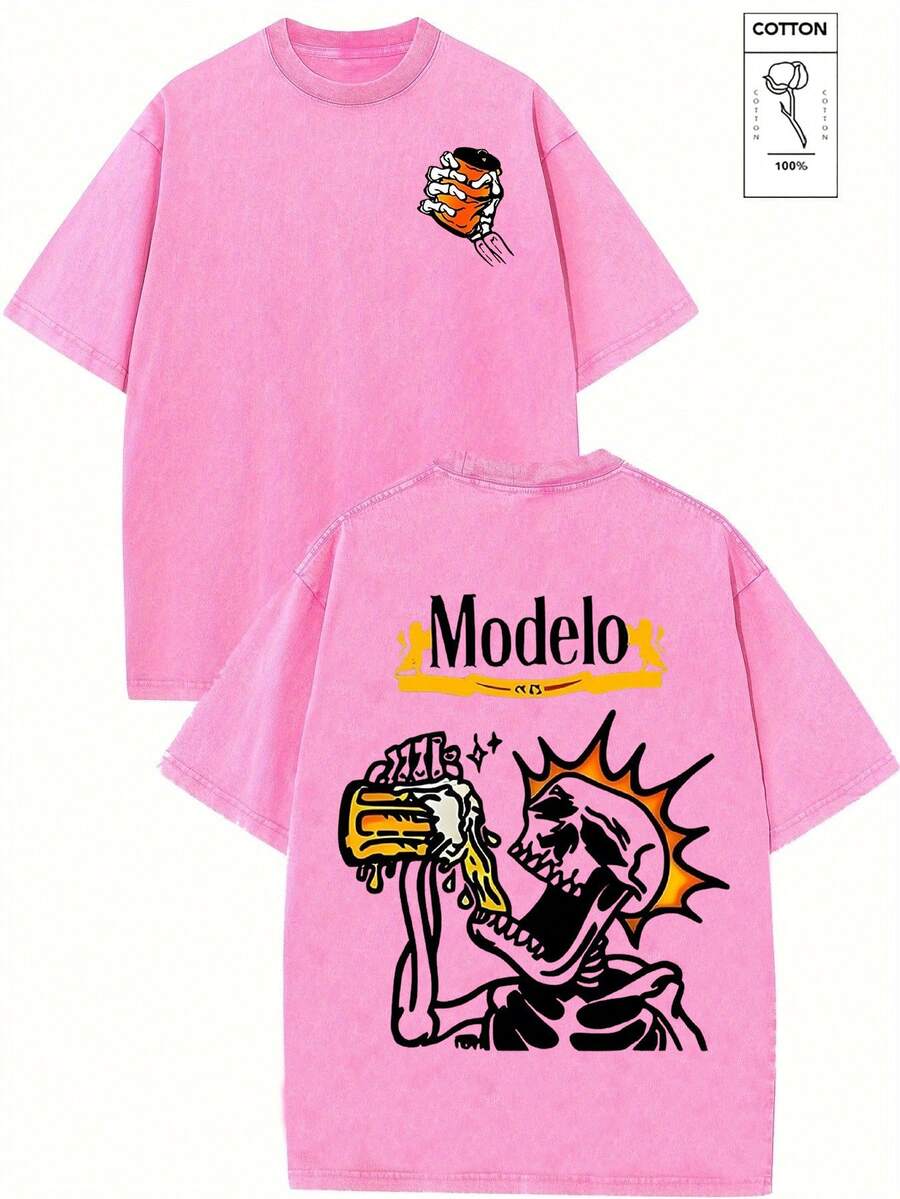 Modelo Skeleton & Beer Graphic Printed Street Style Men's Casual Wear 230g Washed Cotton Round Neck Short Sleeve Comfortable & Breathable Double - Sided Printed Tee For Summer High - Quality Design, For Summer, Daily Atire - 玫紅色 - 查看 1