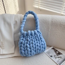 PockPei Rope Crochet Bag Handmade Acrylic Chain Women Underarm Bag Designer Knitting Crossbody Bags For Women Woven Chunky Knit Purse - 熱粉紅_銀色 - 查看 7