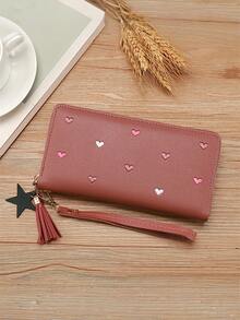1pc Women's Fringe Cute Coin Zipper Credit Card Holder Fashionable And Simple Heart Embroidery Wallet Gift Gift Present Heart (Heart Pattern Random) For Women Wallet Purse Wallet Long Wallet Wristlet Wallet - Black - View 3