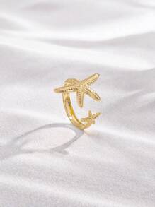 2pcs Metal Ocean Series Rings Set, 3D Starfish And Shell Adjustable Rings For Women, Suitable For Ball, Party, Holiday Wear, Girlfriends' Date Gift