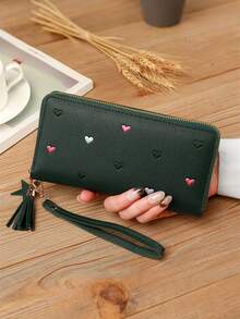 1pc Women's Fringe Cute Coin Zipper Credit Card Holder Fashionable And Simple Heart Embroidery Wallet Gift Gift Present Heart (Heart Pattern Random) For Women Wallet Purse Wallet Long Wallet Wristlet Wallet - Black - View 9