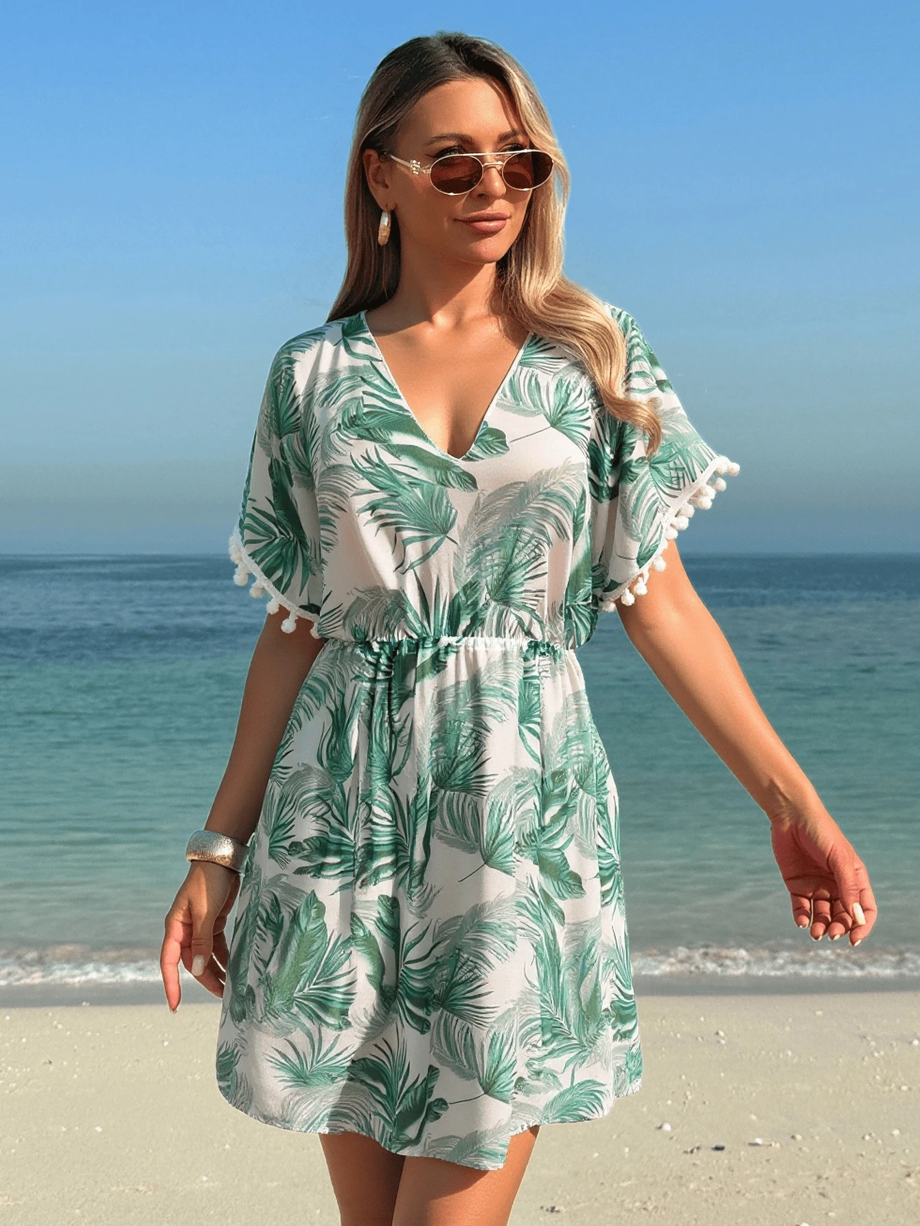 SHEIN Swim Vcay 夏季海滩女式热带图案V领罩衫 - 白色 - 查看 1