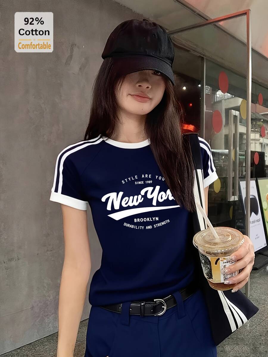 4-Stripe Short Sleeve T-Shirt With English Print, Slim Fit, Fashionable Casual Tee For Women