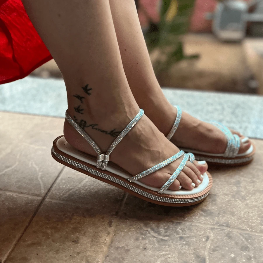 Women's Flat Luxury Rhinestone Flat Sandals 2 In 1 Bohemian Flatform Sandals White Gold Silver Black Shiny Party Launch Promotion - 白色虹彩 - 查看 1