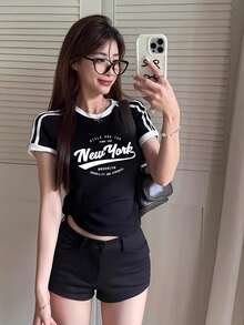 四条纹短袖英文印花T恤，修身休闲上衣，时尚内搭黑色夏季款 - 黑色 - 查看 3