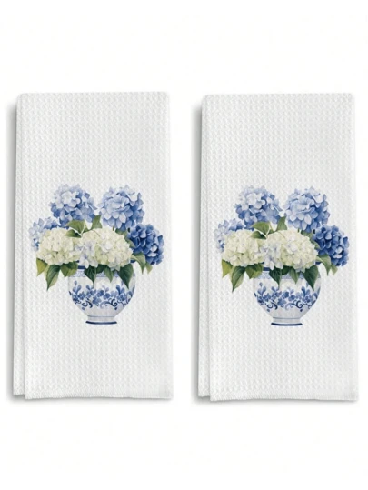 2 Pcs Blue And White Porcelain Chinoiserie Kitchen Towels, 16x24 Inch, Set Of 2, Hydrangea Floral Dish Towels Tea Towels For Kitchen, Chinoiserie Decor Hand Towels For Bathroom, Grand Millenial Decor