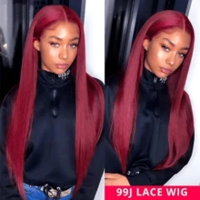 CEXXY Perruque Lace Front Wig 13x6 HD cheveux humains lisses couleur bordeaux 99J transparente HD pré-épilée - Rouge foncé - Voir 9