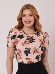 Women's O-Neck Princess Sleeve Blouse - Black And Brown Leaves - 彩色 - 查看 1