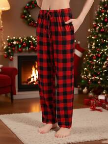 Spodnie piżamowe damskie w czarno-czerwoną kratę w stylu vintage – luźne, wygodne, z kieszeniami, ściągacz w pasie, zimowe - Wielokolorowe - Zobacz 1