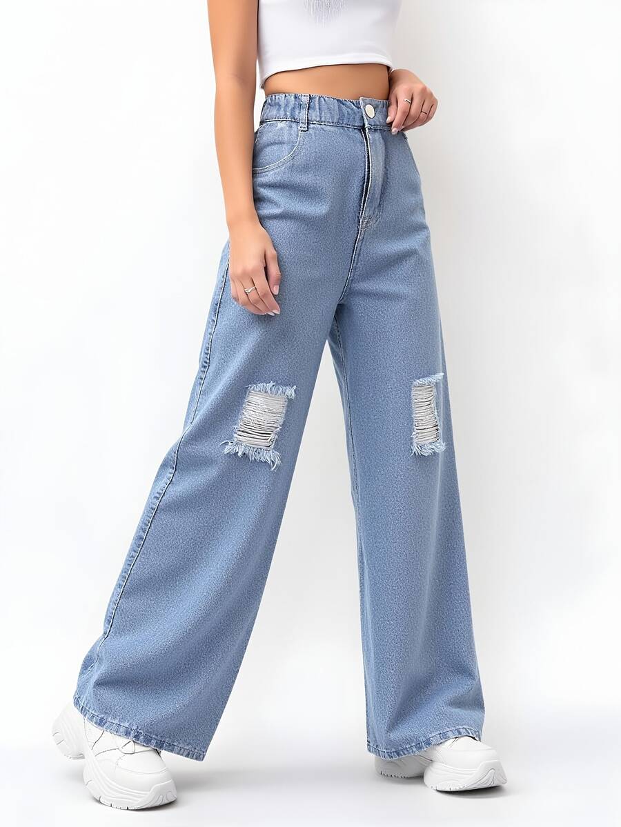1条装 女童休闲百搭褪色蓝色直筒破洞牛仔裤