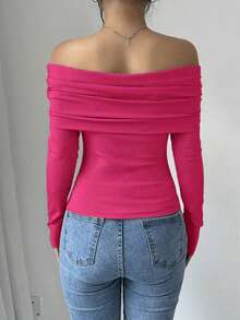 Elenzga Women Casual Off Shoulder Long Sleeve Solid Color Top Minimalist Design For Daily Wear - Hot Pink - View 2