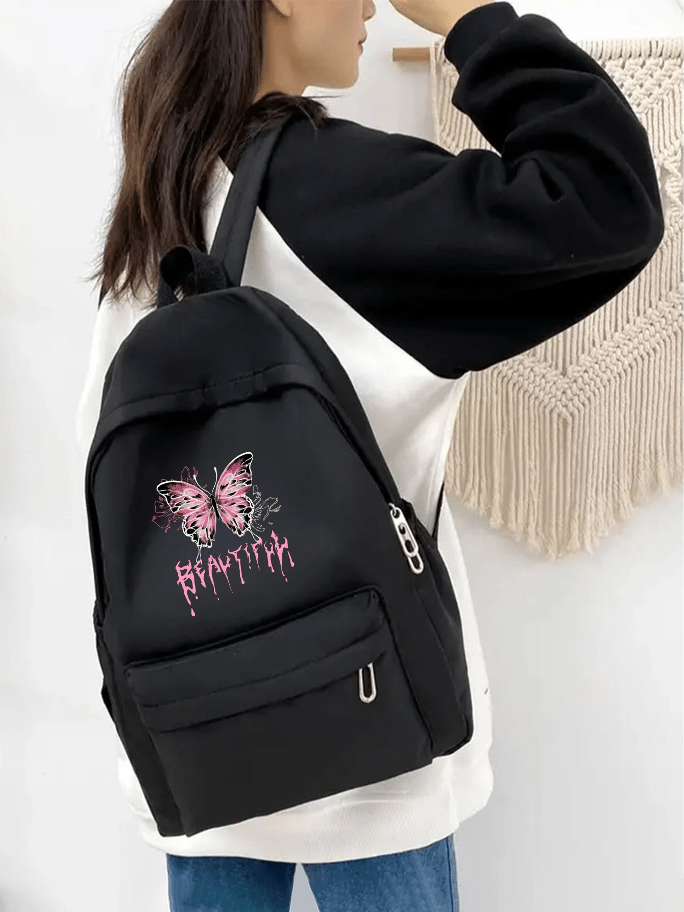 蝴蝶印花背包，时尚百搭休闲运动单肩包，大容量学生背包，适合女生，返校，旅行休闲，纯色经典背包，适合日常使用，上学和通勤蝴蝶印花学生背包，卡哇伊学院风书包，时尚实用的书包，邮递员必备