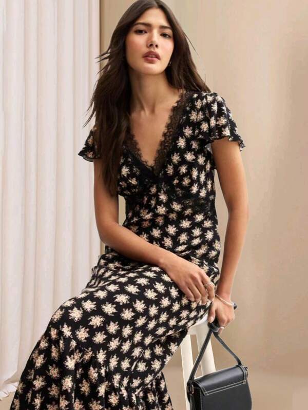 Women's Summer Black Floral Print Elegant V-Neck Lace Patchwork Short Sleeve Midi Dress With Ruched Ruffle Hem, Slimming