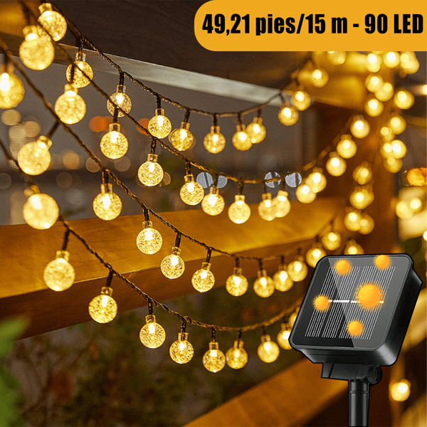 Luz de cadena solar de 15 metros, 90 LED Luz de hada de bola de cristal, 8 modos de iluminación,Luces solares de cuerda ,luces de cadena solares LED IP65 a prueba de agua,Tiras de Luces para Exteriores,bola de burbujas de luz solar para exteriores, ,fuente de LED de batería de níquel, con batería solar, para jardines, campamentos, reuniones, decoración interior y exterior de RV