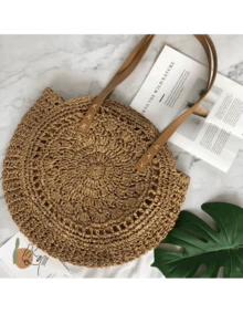 女士波西米亚风格钩针编织手提包，草编大号手提包，适合度假和海滩 - 米色 - 查看 5