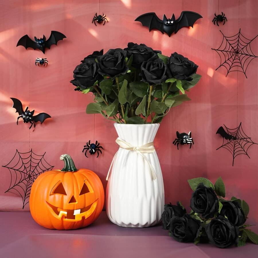1/3/5 Peças Flor Artificial Negra de Rosa Falsa de Halloween com Haste Longa, Rosa Artificial de Látex à Mão, Buquê de Casamento, Decoração de Mesa de Jantar, Decoração Interna, Rosa de Seda Artificial