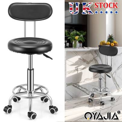 OYAJIA Drafting Chair With Back, Adjustable Foot Rest Rolling Stool, Multi-Purpose Office Desk Chair, Thick Seat Cushion For Home Bar Kitchen Shop - Black