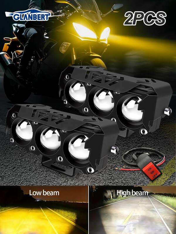 GLANBERT 2 piezas Foco LED de motocicleta modificado Faro bicolor de haz alto/bajo Luz de trabajo para automóviles de tres lentes Foco LED de luz amarilla y blanca