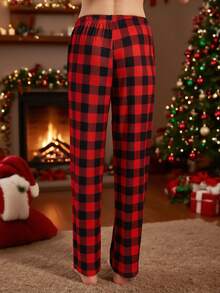 Spodnie piżamowe damskie w czarno-czerwoną kratę w stylu vintage – luźne, wygodne, z kieszeniami, ściągacz w pasie, zimowe - Wielokolorowe - Zobacz 3