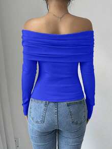 Women's Elegant Off Shoulder Ruffle Long Sleeve Solid Color Blouse - azul real - Ver 2