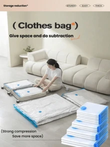 2/5 件便携式 PE 旅行收纳袋、大容量压缩袋、可重复使用真空袋、可折叠收纳袋、印花行李袋、防尘包装袋、防潮防蛀、节省空间，适用于存放衣物、床上用品、衬衫、卧室、衣柜、浴室、户外装备 - 彩色 - 查看 1