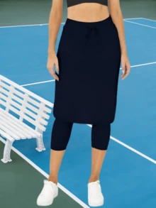 Women's Tennis Golf Skirts Workout Skirted Leggings Yoga Capri Pants With Skirts Skorts Pockets - 藏蓝色 - 查看 1