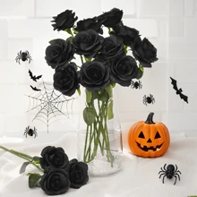 1/3/5 Peças Flor Artificial Negra de Rosa Falsa de Halloween com Haste Longa, Rosa Artificial de Látex à Mão, Buquê de Casamento, Decoração de Mesa de Jantar, Decoração Interna, Rosa de Seda Artificial
