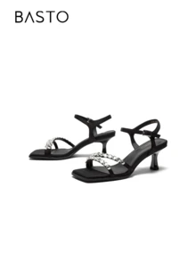 BASTO Rhinestone Decorated Strap Stilettos, Elegant Basic Style Ladies Sandals, Suitable For Dates, Parties, Weddings, Valentine's Day In Summer - Black - View 6