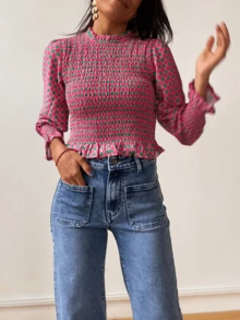 Women Y2K Plaid Smocked Shirt Top Blouse Puff Sleeve Crewneck Pleated Ruffle Hem Gingham Bubble Tee Shirts Crop Tops Summer Ruched Shirts Cute Going Out Tops Party Club Streetwear - Hồng - Xem 3