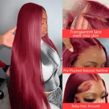 CEXXY Perruque Lace Front Wig 13x6 HD cheveux humains lisses couleur bordeaux 99J transparente HD pré-épilée - Rouge foncé - Voir 5