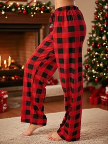 Spodnie piżamowe damskie w czarno-czerwoną kratę w stylu vintage – luźne, wygodne, z kieszeniami, ściągacz w pasie, zimowe - Wielokolorowe - Zobacz 5