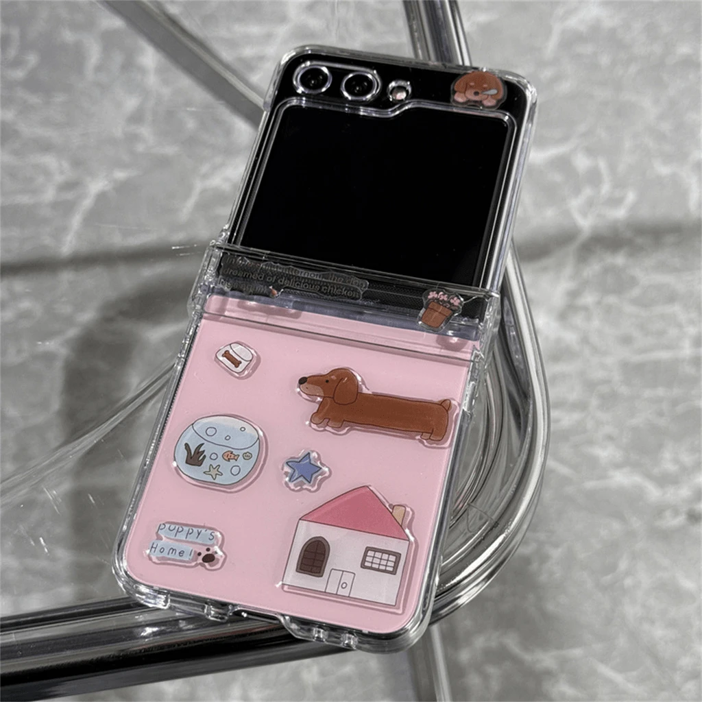 透明手机壳带 DIY 可爱小狗贴纸适用于三星 Galaxy Z Flip 5 6 Z Flip6 ZFlip 5 Zflip6 Zflip7 Flip4 Flip3 防震后盖，手机壳适用于摩托罗拉防水防摔防刮