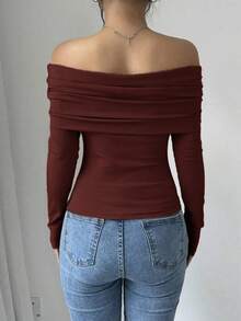 Women's Elegant Off Shoulder Ruffle Long Sleeve Solid Color Blouse - Burgundy - View 2