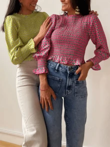 Women Y2K Plaid Smocked Shirt Top Blouse Puff Sleeve Crewneck Pleated Ruffle Hem Gingham Bubble Tee Shirts Crop Tops Summer Ruched Shirts Cute Going Out Tops Party Club Streetwear - Hồng - Xem 7