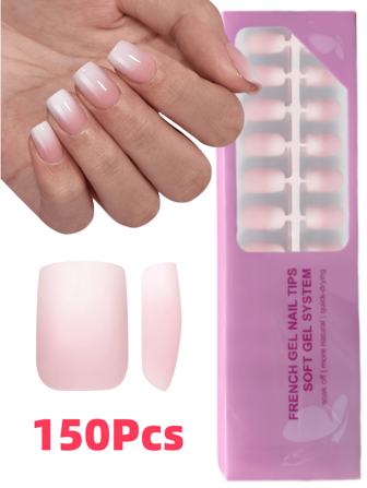 150Pcs Short Square Press On Nail,Pink Ombre Soft Gel Nail Tips,Pink And White Gradient Used As False Nails For DIY,Simple And Versatile Style In 15 Sizes Suitable For Women