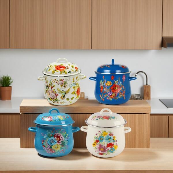 1 pièce Marmite à bouillon en émail de très grande capacité avec couvercle, marmite de cuisson durable et facile à nettoyer, marmite à ragoût, convient pour les restaurants, la cuisine, l'extérieur, compatible avec tous les types de cuisinières