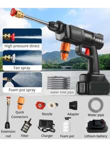 High Pressure Car Wash Water Gun With Quick Connect Nozzle, Stainless Steel Foam Gun, Includes Rechargeable Battery, Red And Black Design, Perfect For Father's Day Or Outdoor Cleaning, High Pressure Washing