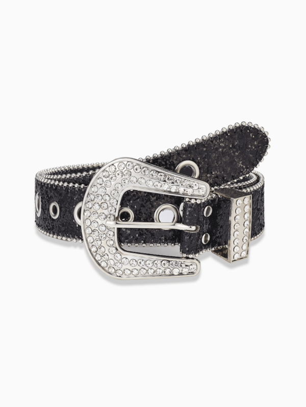 1pc Unisex Solid Color Rhinestone Leather Belt, Fashionable Sequin Waist Belt, Versatile Waist Band