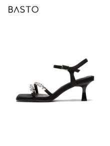 BASTO Rhinestone Decorated Strap Stilettos, Elegant Basic Style Ladies Sandals, Suitable For Dates, Parties, Weddings, Valentine's Day In Summer - Black - View 3