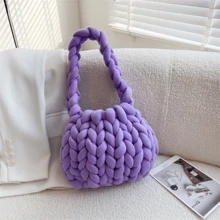 PockPei Rope Crochet Bag Handmade Acrylic Chain Women Underarm Bag Designer Knitting Crossbody Bags For Women Woven Chunky Knit Purse - 熱粉紅_銀色 - 查看 2