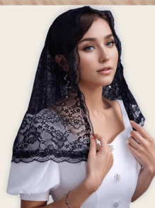 1pc Women Short Solid See-Through Lace Trim Headscarf, Church/Wedding/Party Veil